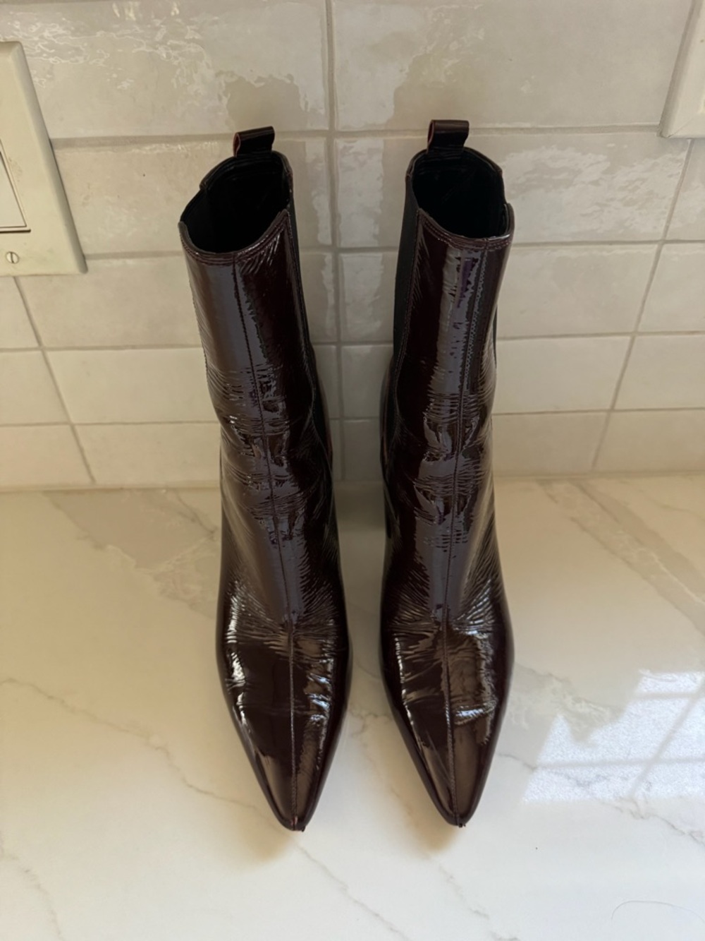 Patent Pointed-Toe Ankle Boots in Burgundy